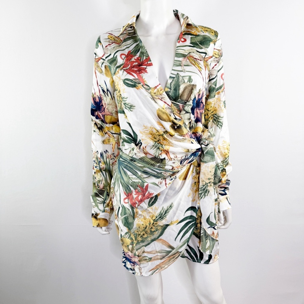 Donnee Par Dieu White Floral Tropical Wrap Mini Dress Size S Long Sleeve Collar